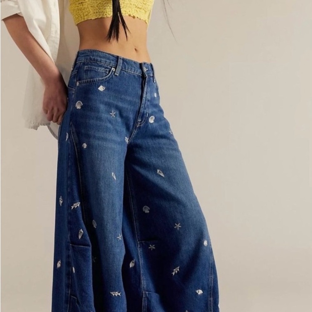 Free People wide leg Embroidered Jean Westward We the Free Seashell - Picture 2 of 4